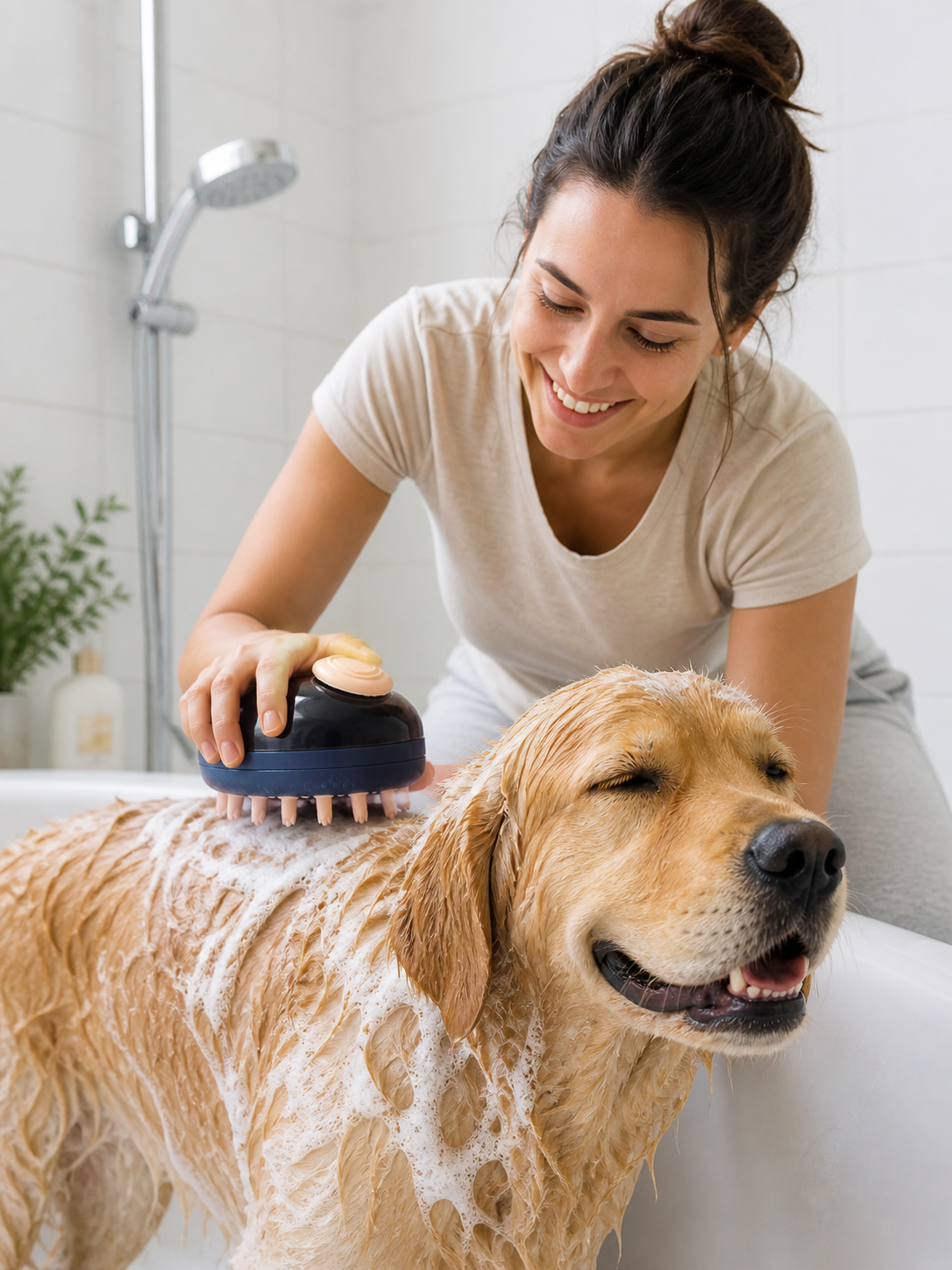 Brosse de Bain Massage avec Distributeur de Shampoing pour Chien et Chat